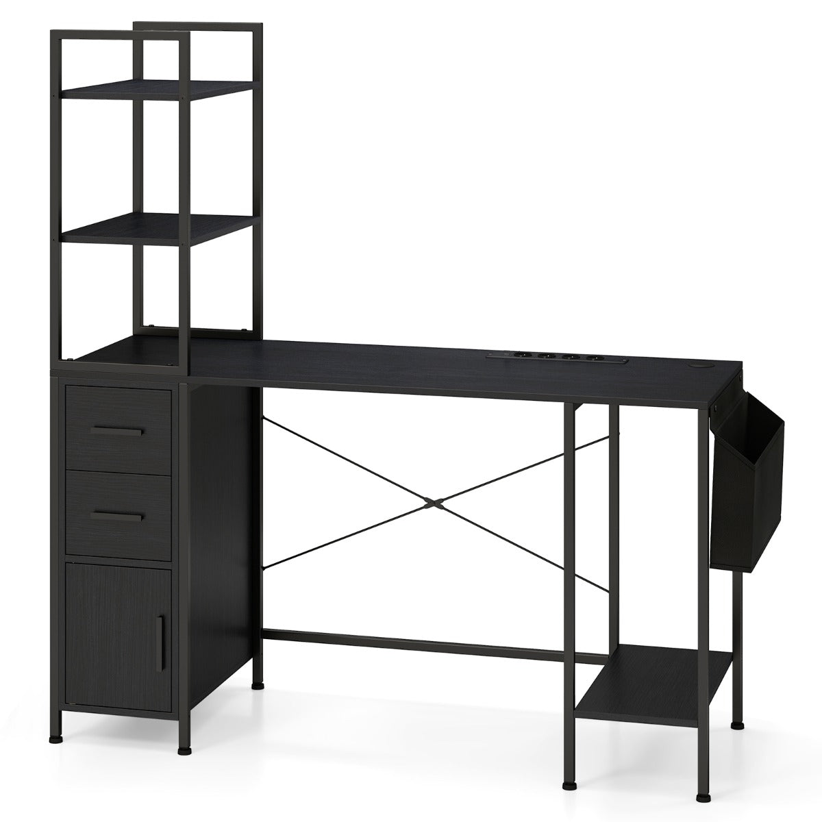 LIVSK Bureau met Aanpasbare LED-verlichting - Multifunctioneel Oplaadstation met 4 Stopcontacten en 2 USB-poorten - Zwart