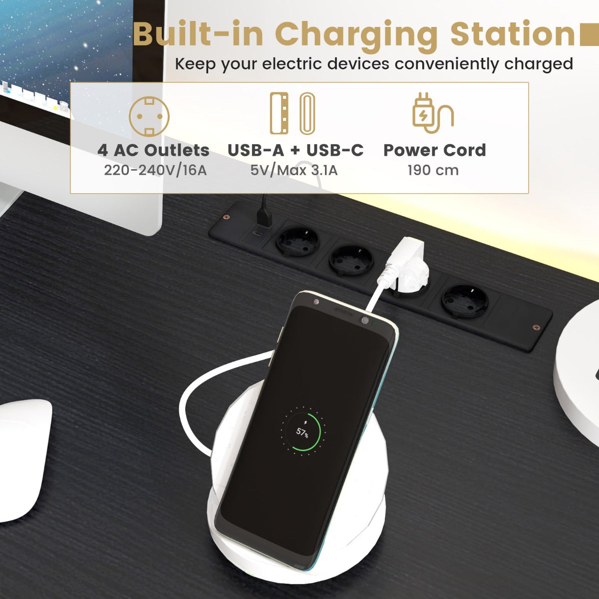 LIVSK Bureau met Aanpasbare LED-verlichting - Multifunctioneel Oplaadstation met 4 Stopcontacten en 2 USB-poorten - Zwart