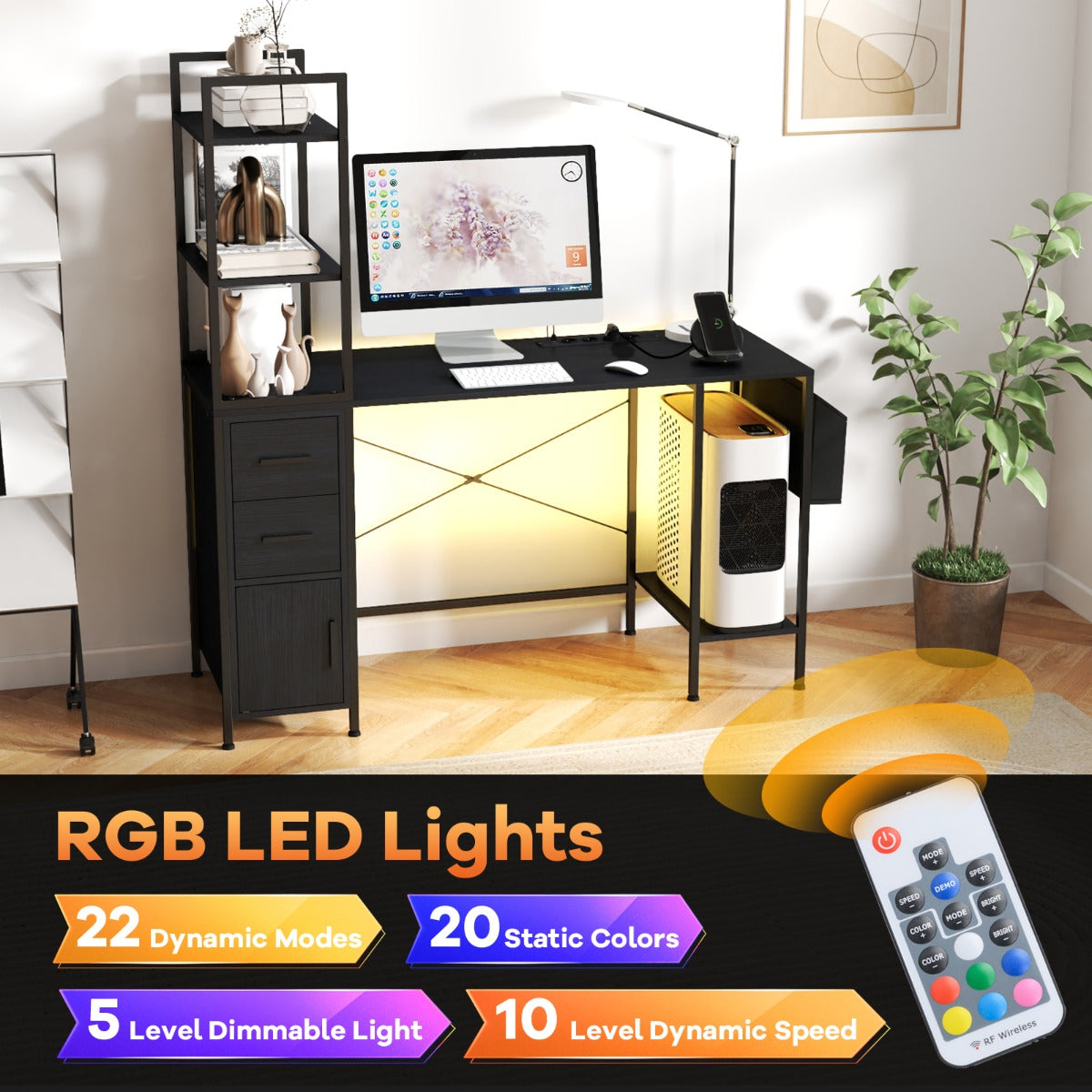 LIVSK Bureau met Aanpasbare LED-verlichting - Multifunctioneel Oplaadstation met 4 Stopcontacten en 2 USB-poorten - Zwart