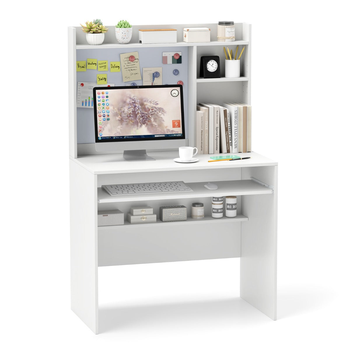 LIVSK Computertafel voor Thuiskantoor - Verstelbare Toetsenbordlade - Magnetisch Prikbord - Opzetstuk - 89 x 50 x 138 cm - Wit