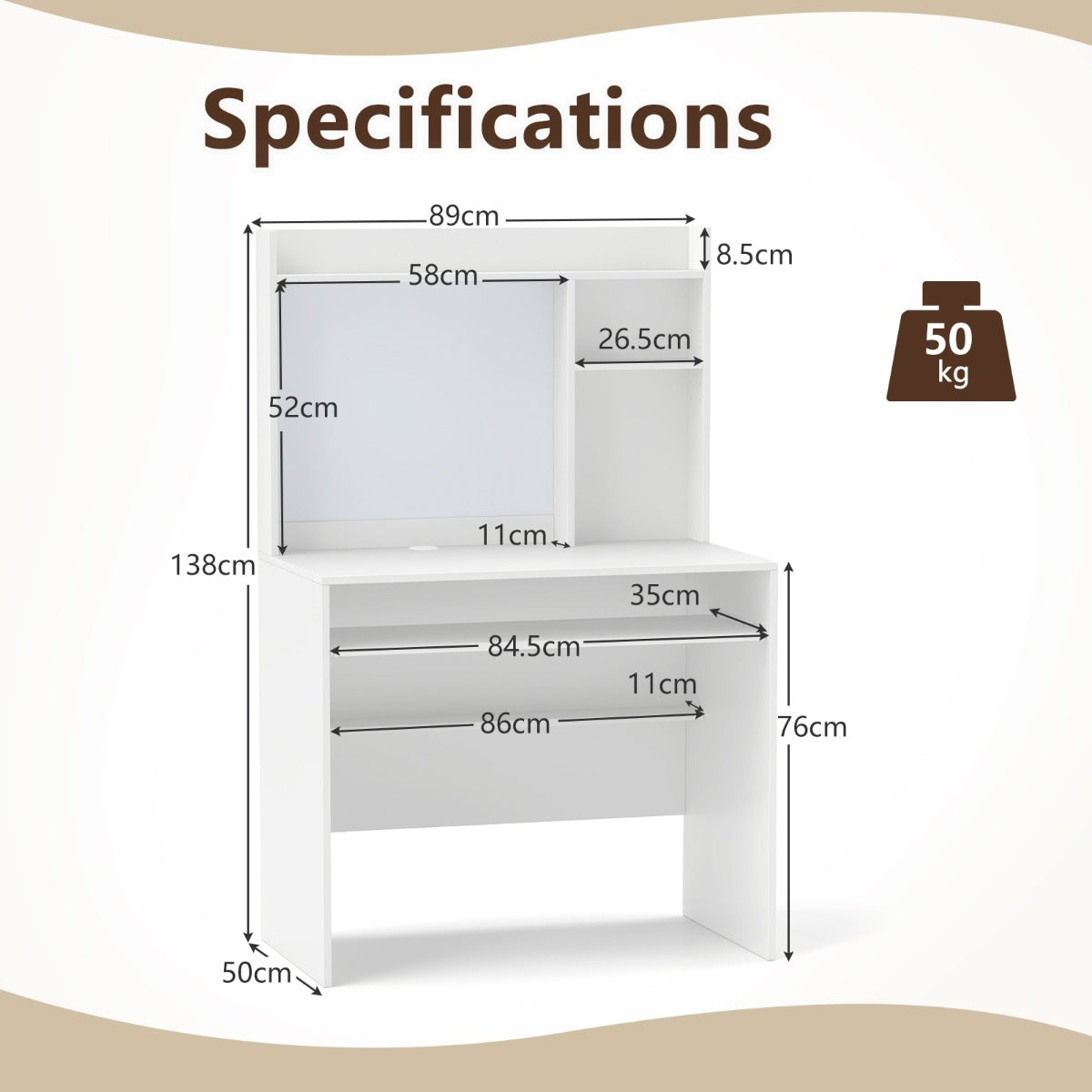 LIVSK Computertafel voor Thuiskantoor - Verstelbare Toetsenbordlade - Magnetisch Prikbord - Opzetstuk - 89 x 50 x 138 cm - Wit