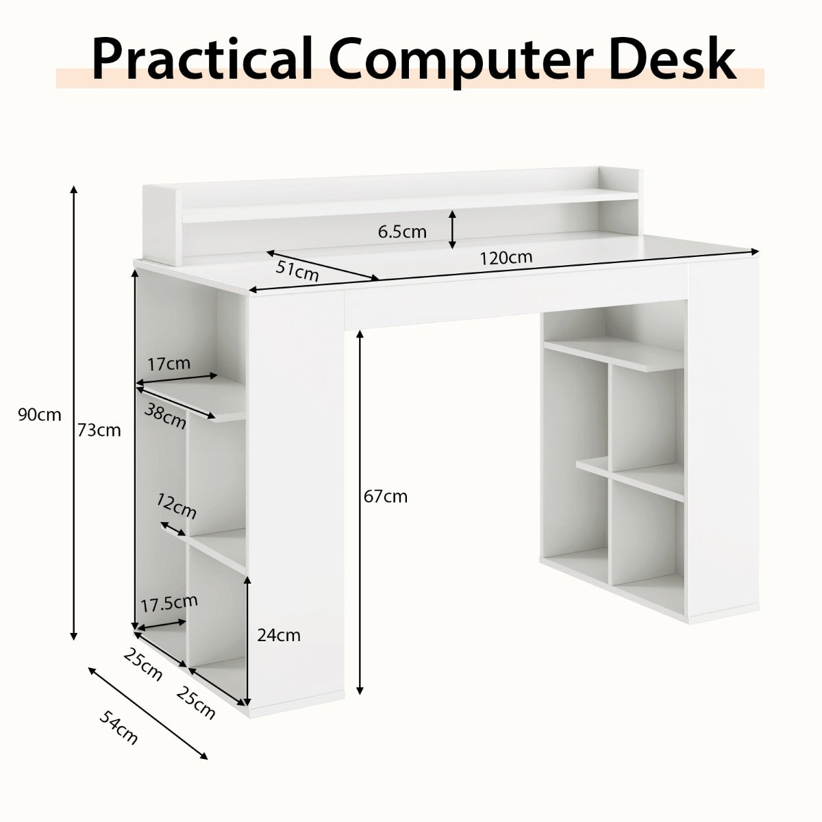 LIVSK Computertafel met Monitorplank en 2 Boekenplanken - Ergonomisch Design - Ruimte voor 2 Computers - 120 x 54 x 90 cm - Wit