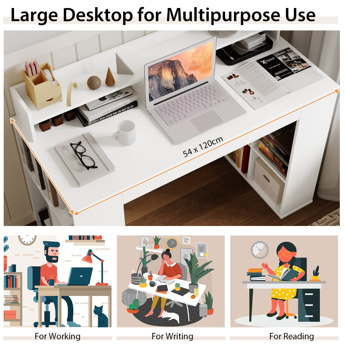 LIVSK Computertafel met Monitorplank en 2 Boekenplanken - Ergonomisch Design - Ruimte voor 2 Computers - 120 x 54 x 90 cm - Wit