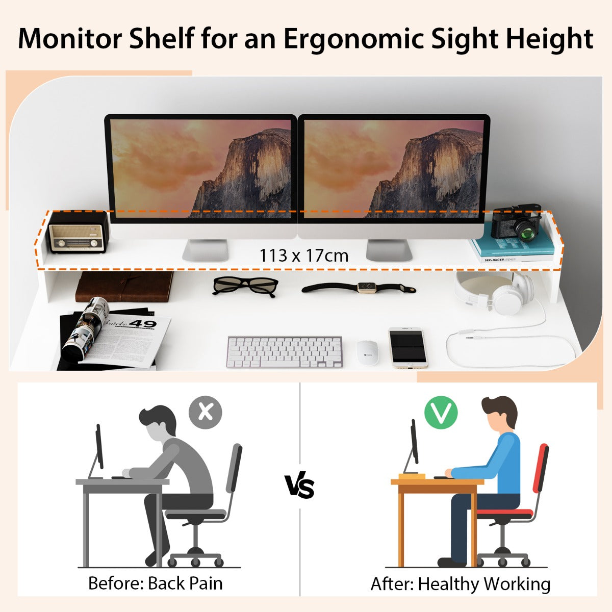 LIVSK Computertafel met Monitorplank en 2 Boekenplanken - Ergonomisch Design - Ruimte voor 2 Computers - 120 x 54 x 90 cm - Wit