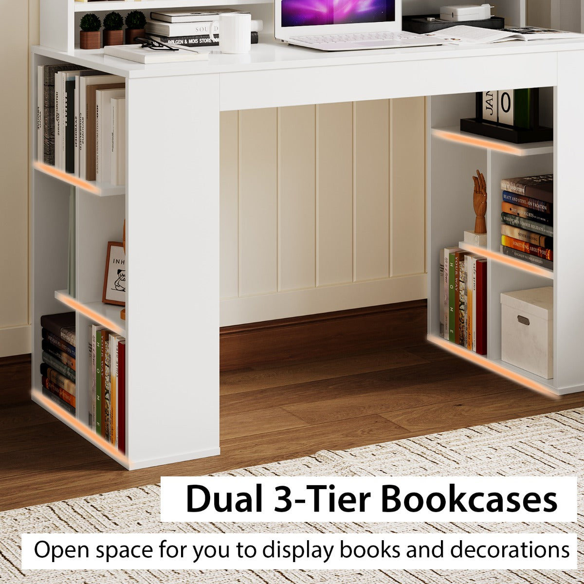 LIVSK Computertafel met Monitorplank en 2 Boekenplanken - Ergonomisch Design - Ruimte voor 2 Computers - 120 x 54 x 90 cm - Wit