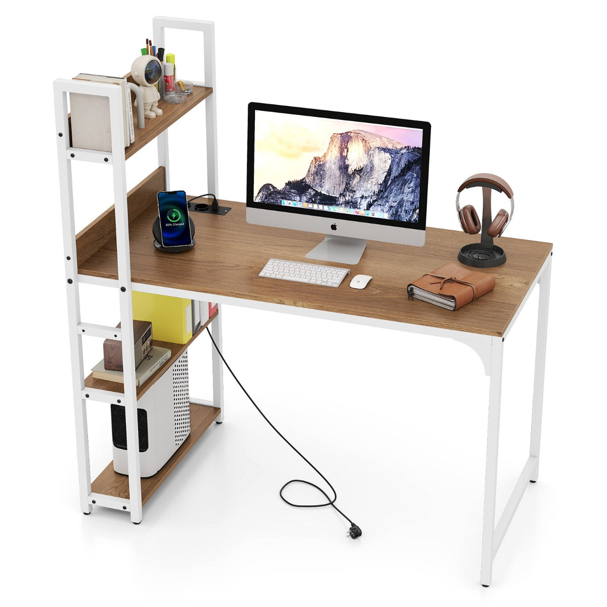 LIVSK Computertafel met Oplaadstation - Stabiel Metaal - Boekenrek - Verstelbare Voetjes - Tot 150 kg - Natuur