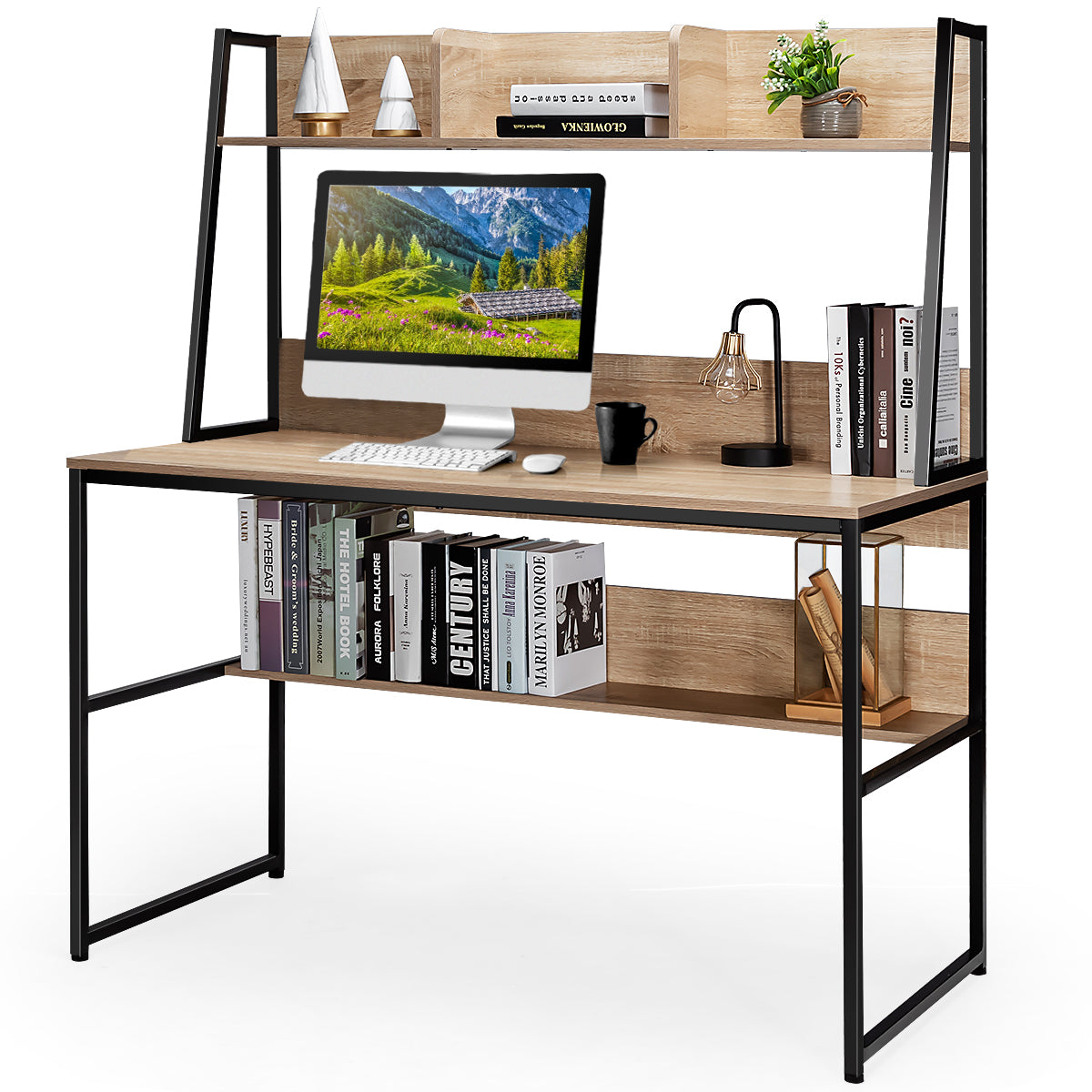 LIVSK Verstelbare Computertafel met Boekenkast - Ruimtebesparend - Stabiel Metalen Frame - 120 x 57 x 140 cm - Natuurlijke
