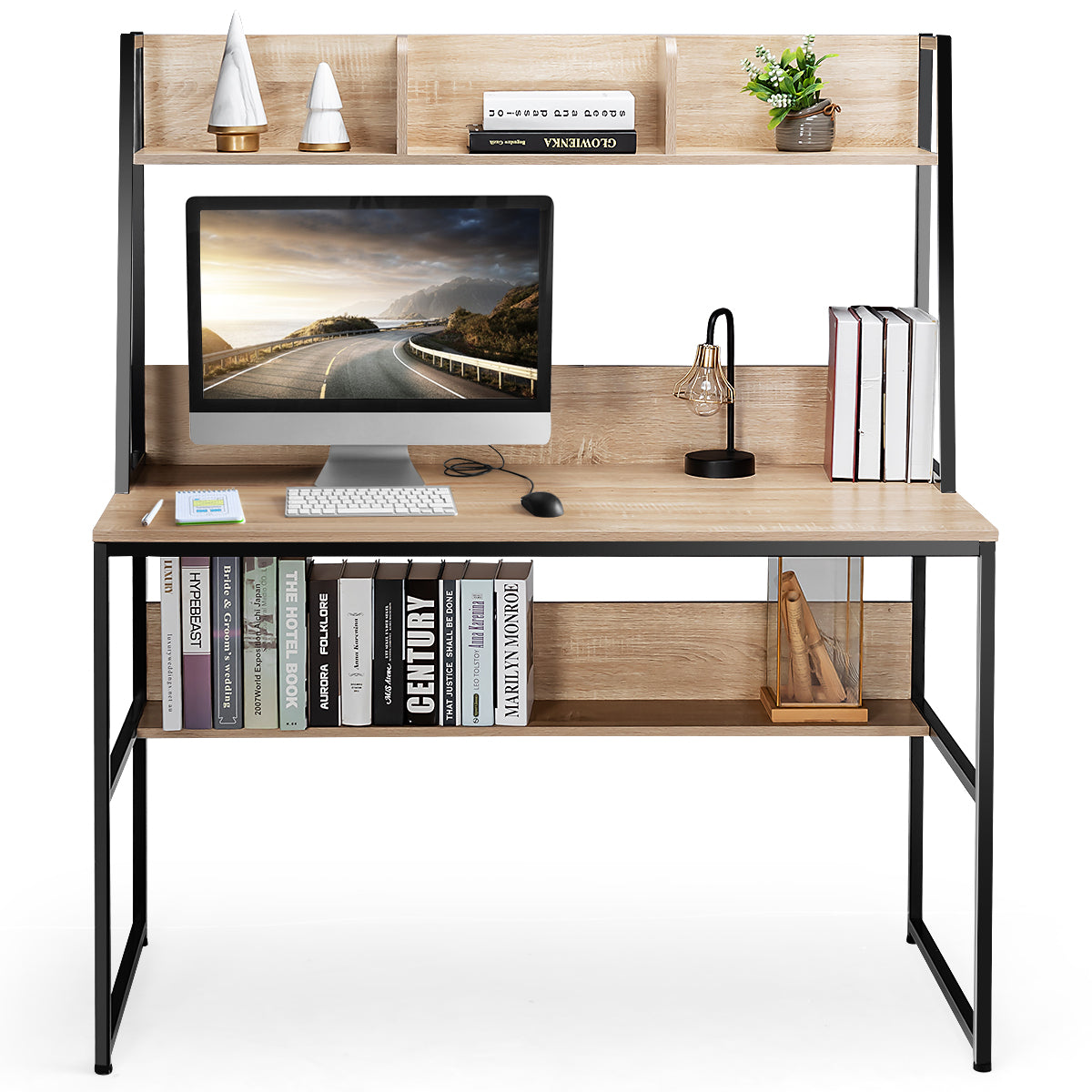 LIVSK Verstelbare Computertafel met Boekenkast - Ruimtebesparend - Stabiel Metalen Frame - 120 x 57 x 140 cm - Natuurlijke