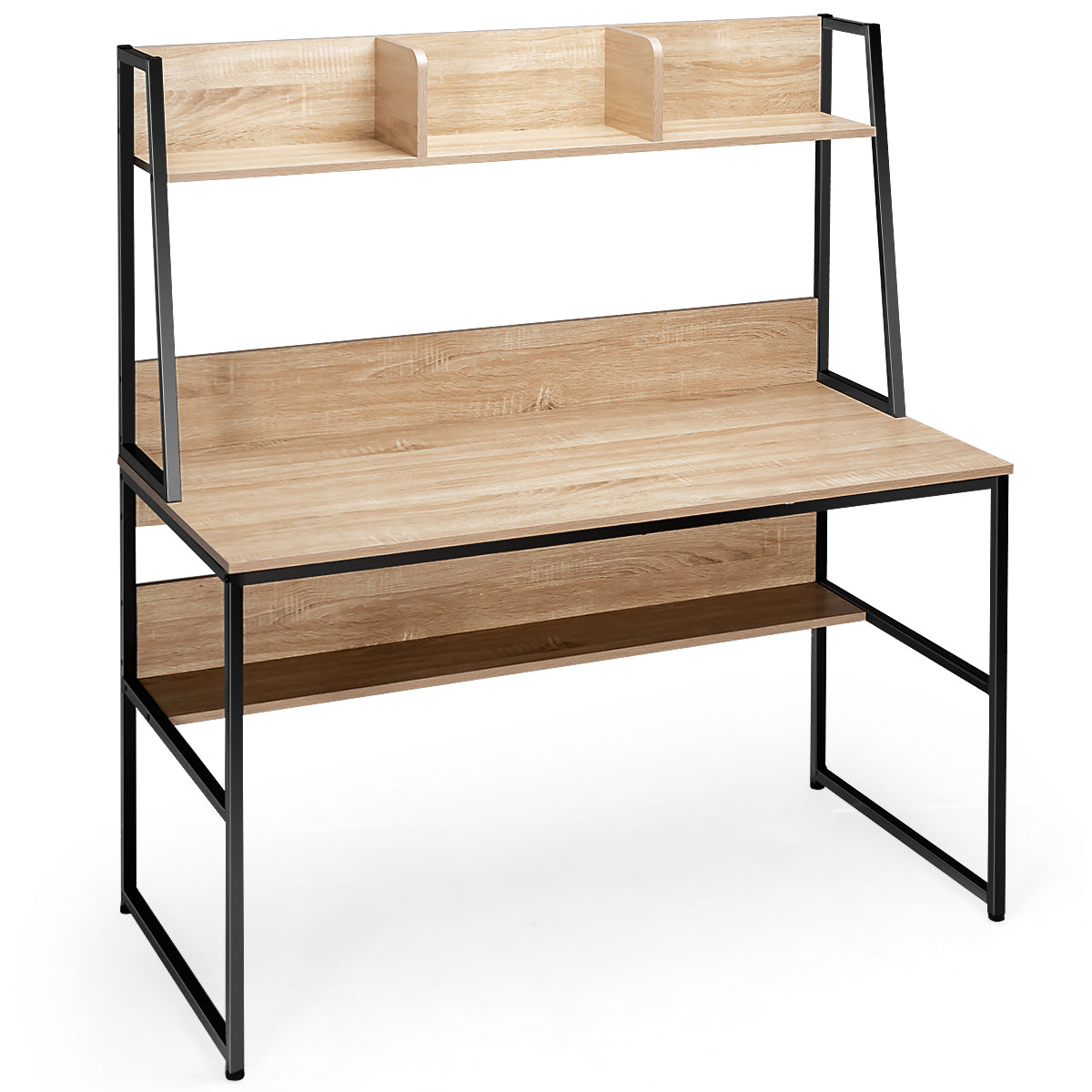 LIVSK Verstelbare Computertafel met Boekenkast - Ruimtebesparend - Stabiel Metalen Frame - 120 x 57 x 140 cm - Natuurlijke