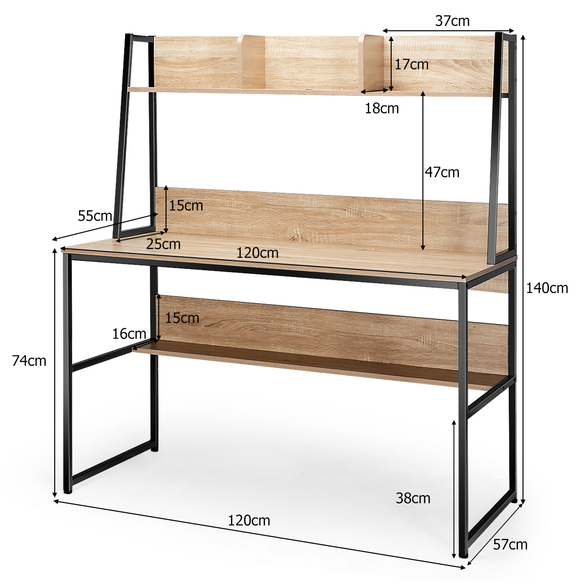 LIVSK Verstelbare Computertafel met Boekenkast - Ruimtebesparend - Stabiel Metalen Frame - 120 x 57 x 140 cm - Natuurlijke