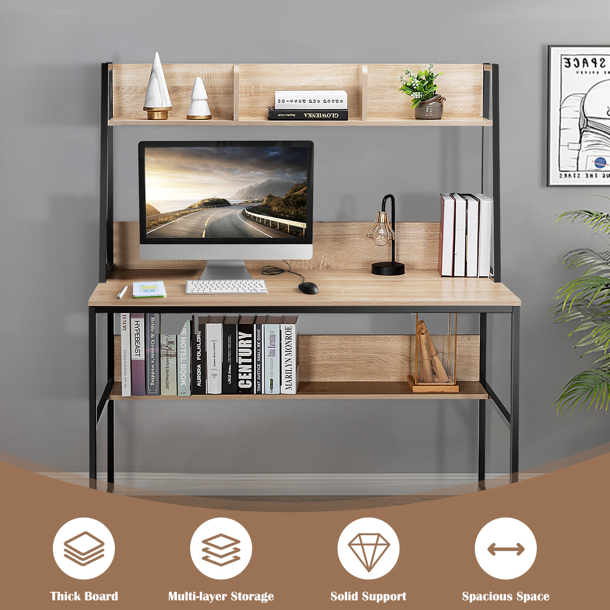 LIVSK Verstelbare Computertafel met Boekenkast - Ruimtebesparend - Stabiel Metalen Frame - 120 x 57 x 140 cm - Natuurlijke