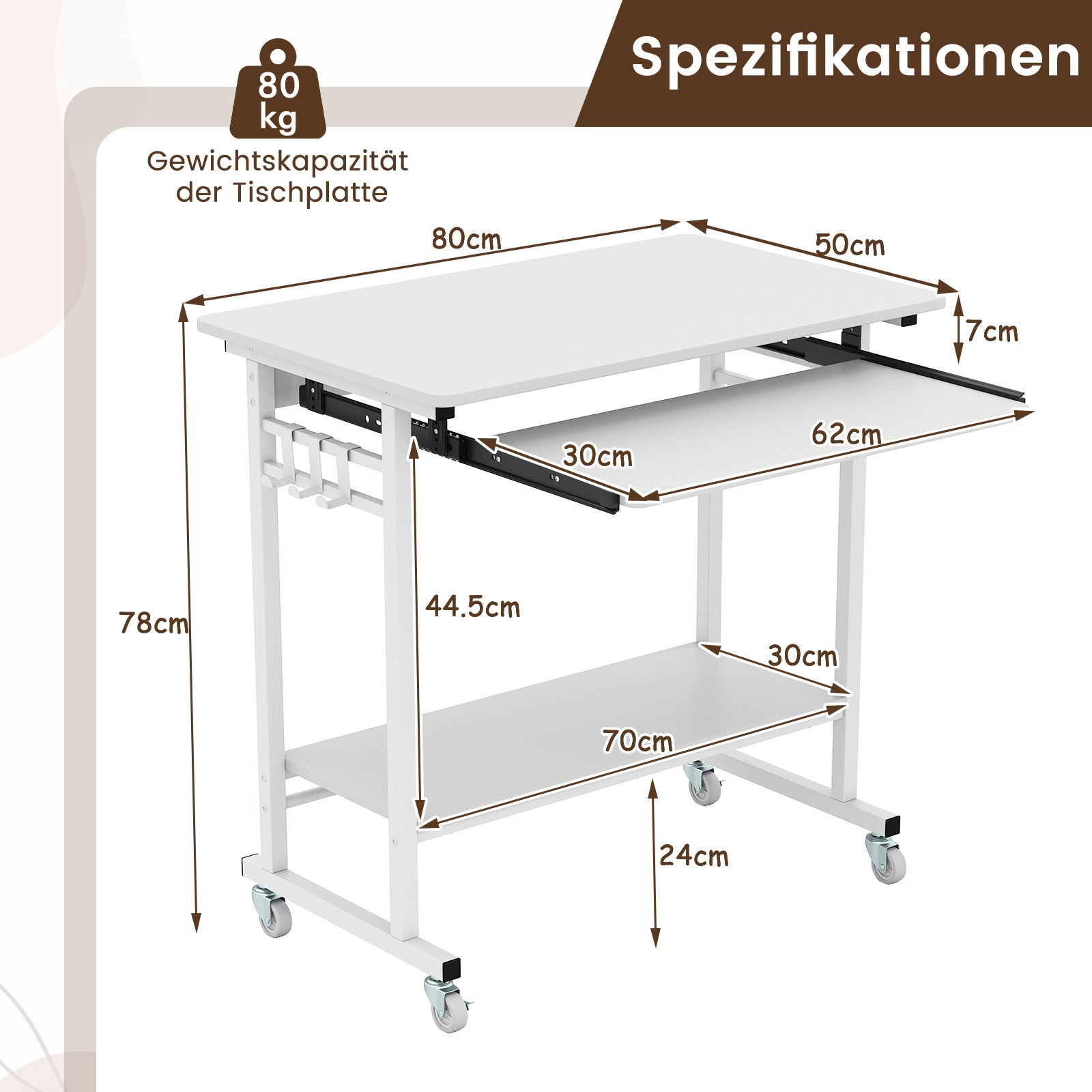 LIVSK Mobiele Computertafel - Compact met Uitschuifbare Toetsenbordlade - 4 Wielen - Opbergruimte - 80 x 50 x 78 cm - Wit