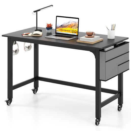 LIVSK Computertafel met Wieltjes - Ruim Tafelblad 120 x 60 cm - Opbergruimte en Koptelefoonhaak - Robuust Metalen Frame - Zwart