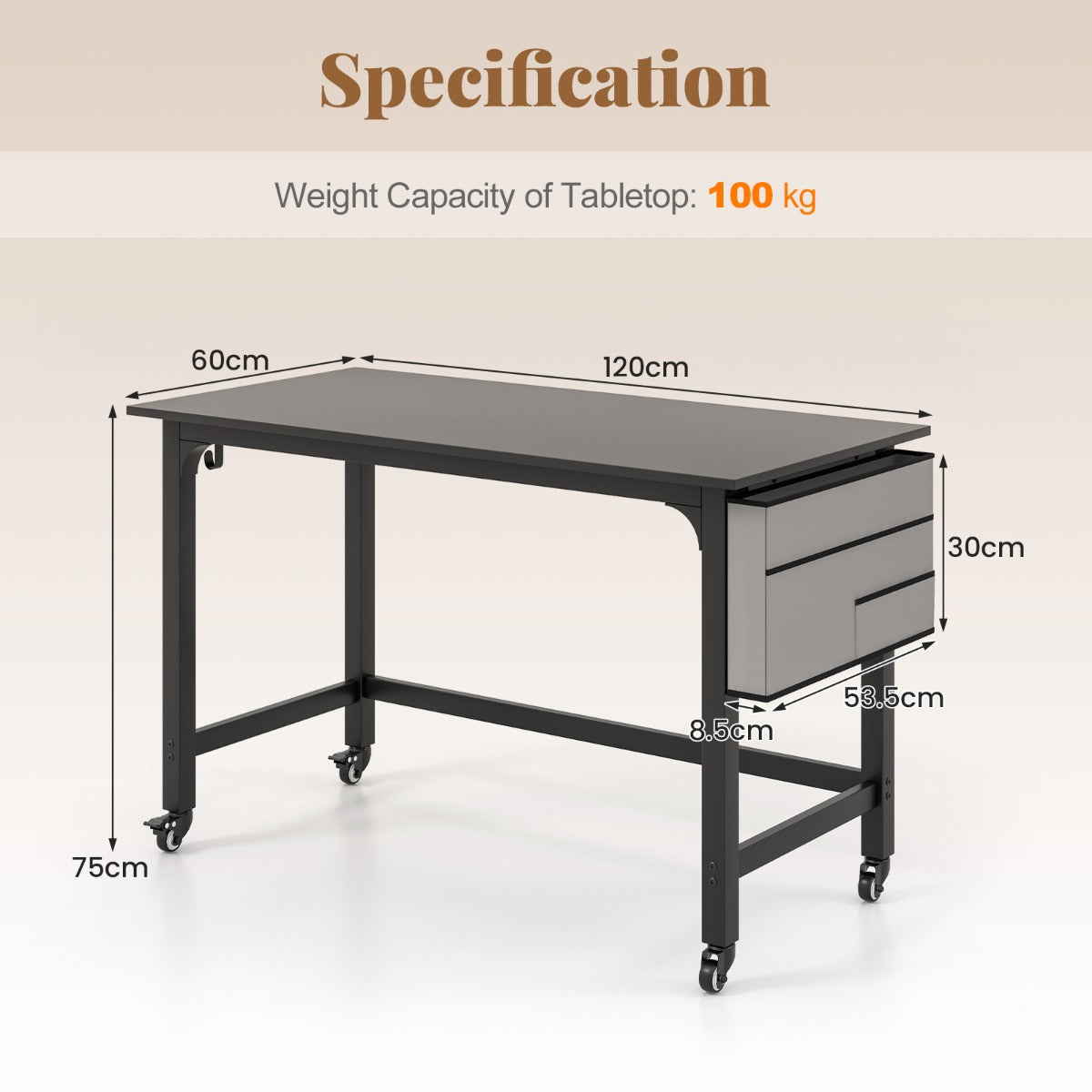 LIVSK Computertafel met Wieltjes - Ruim Tafelblad 120 x 60 cm - Opbergruimte en Koptelefoonhaak - Robuust Metalen Frame - Zwart