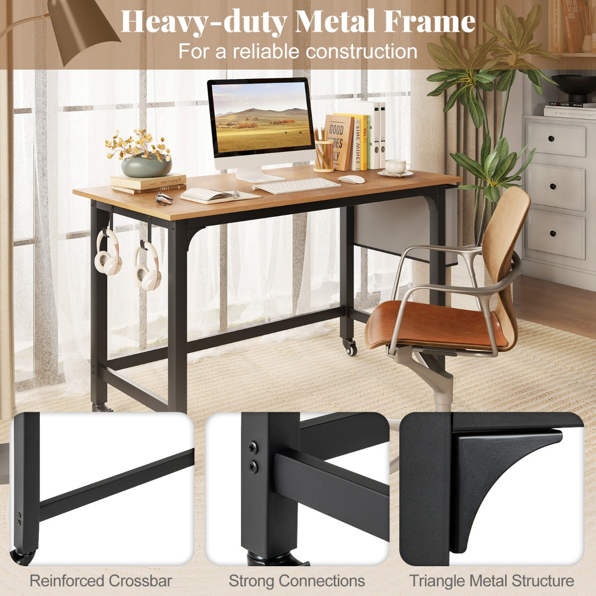 LIVSK Computertafel - Ruim Tafelblad - Afneembare Zak en Haken - 4 Zwenkwielen - Stevig Metalen Frame - 120 x 60 x 75 cm - Natuur