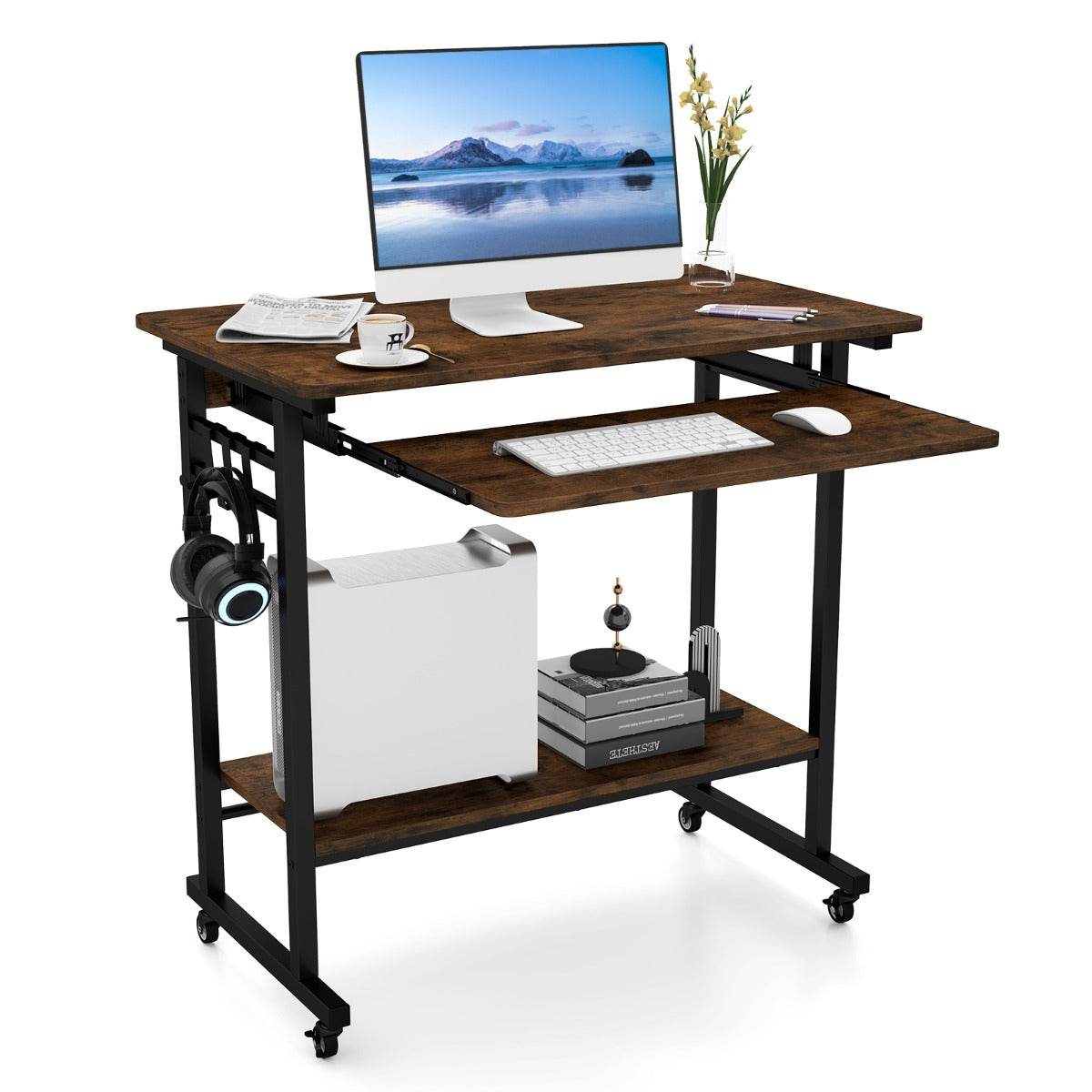LIVSK Mobiele Computertafel - Compact met Uittrekbare Toetsenbordplank - 4 Wieltjes - Onderste Legplank - Vintage bruin