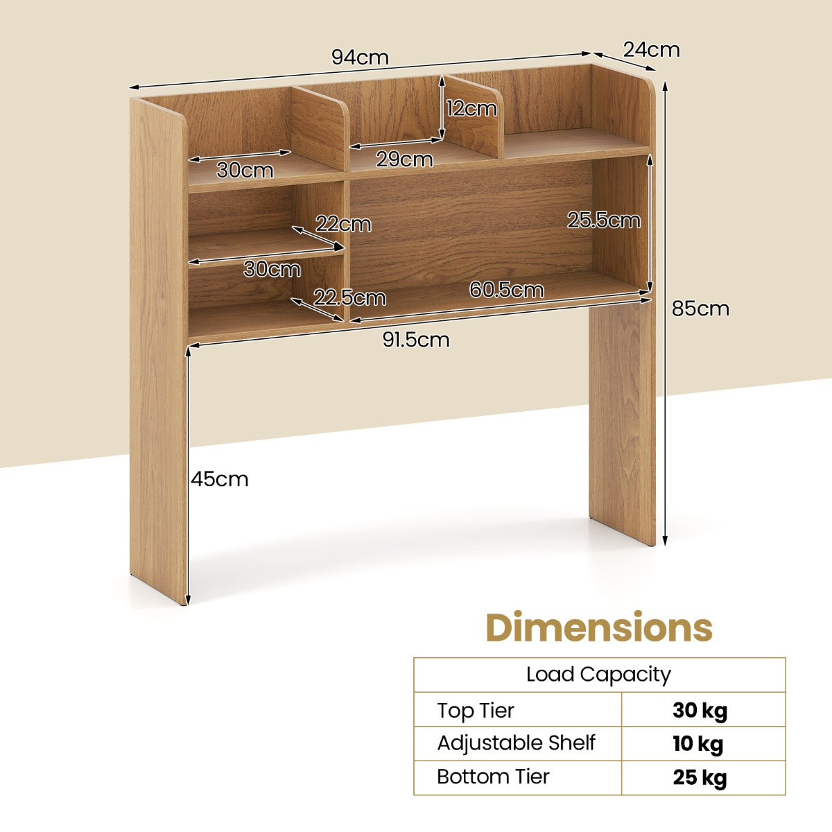 LIVSK Bureauplank met 3 Planken - Monitorvriendelijk tot 32 inch - Verstelbare Plank - Stabiele Constructie - Natuur