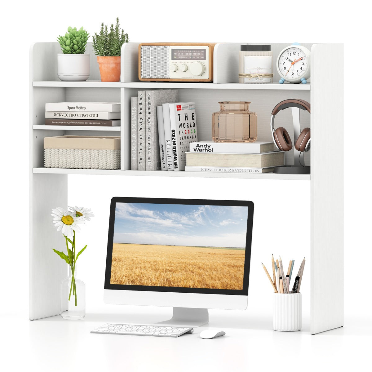 LIVSK Bureau Rek - 3 Bovenste Planken - Verstelbare Plank - Monitorvriendelijk - Stabiele Constructie - Wit