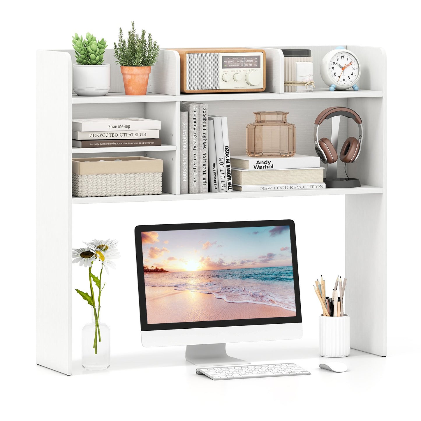 LIVSK Bureau Rek - 3 Bovenste Planken - Verstelbare Plank - Monitorvriendelijk - Stabiele Constructie - Wit