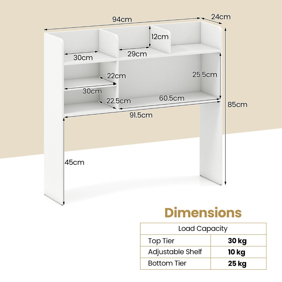 LIVSK Bureau Rek - 3 Bovenste Planken - Verstelbare Plank - Monitorvriendelijk - Stabiele Constructie - Wit