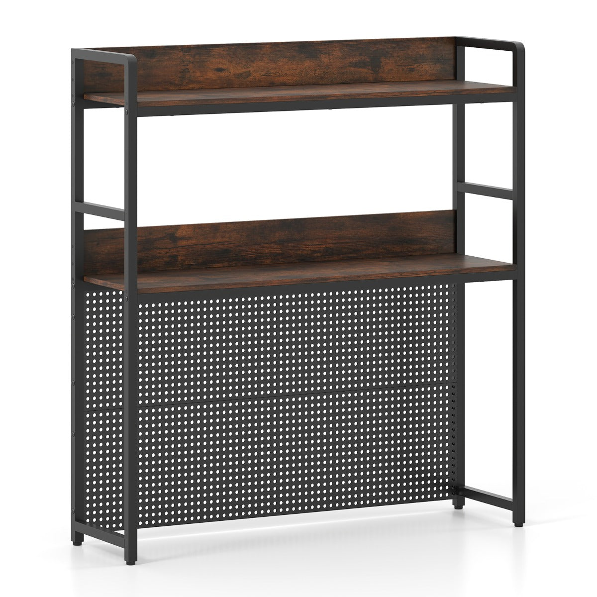 LIVSK 2-laags Desktopplank - Metalen Frame - Perforatiewand - Draagvermogen 50 kg - Rustiek bruin & zwart