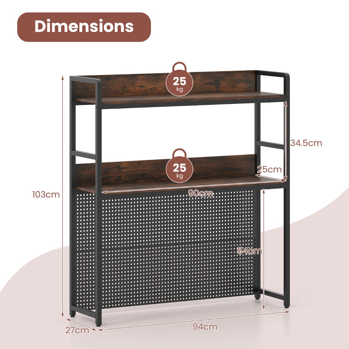 LIVSK 2-laags Desktopplank - Metalen Frame - Perforatiewand - Draagvermogen 50 kg - Rustiek bruin & zwart