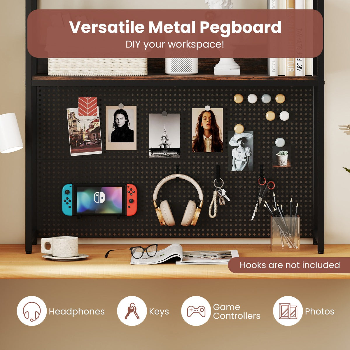 LIVSK 2-laags Desktopplank - Metalen Frame - Perforatiewand - Draagvermogen 50 kg - Rustiek bruin & zwart