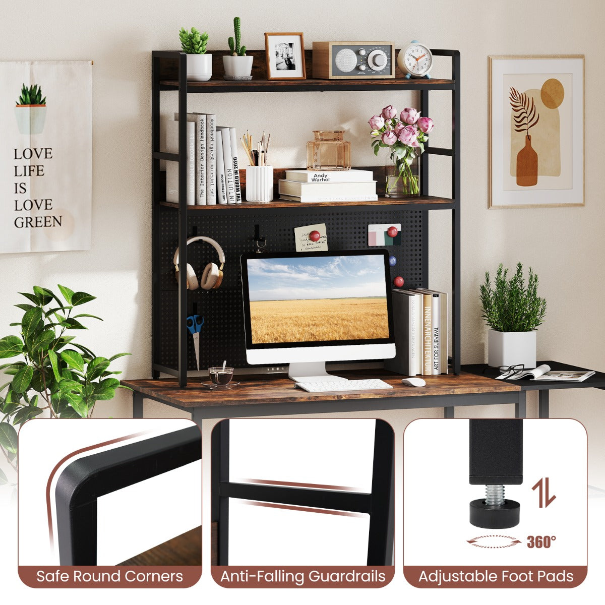 LIVSK 2-laags Desktopplank - Metalen Frame - Perforatiewand - Draagvermogen 50 kg - Rustiek bruin & zwart
