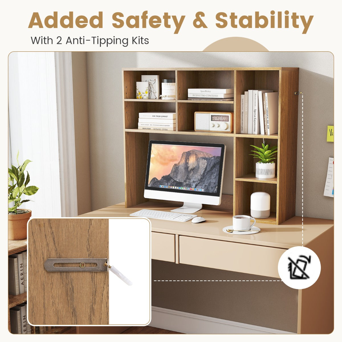 LIVSK Bureau-organizer voor Monitoren tot 27" - 3 Verstelbare Planken - Tot 120 kg - 94 x 25 x 79 cm - Natuurlijk