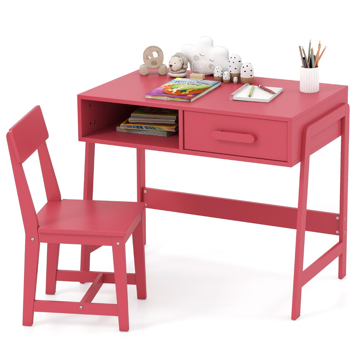 LIVSK Bureauset voor Kinderen met Stoel - Ruim Tafelblad met Lade en Plank - Ergonomische Rugleuning - Veilig Ontwerp - 85 x 48 x