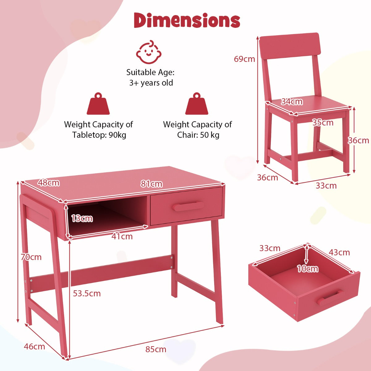 LIVSK Bureauset voor Kinderen met Stoel - Ruim Tafelblad met Lade en Plank - Ergonomische Rugleuning - Veilig Ontwerp - 85 x 48 x