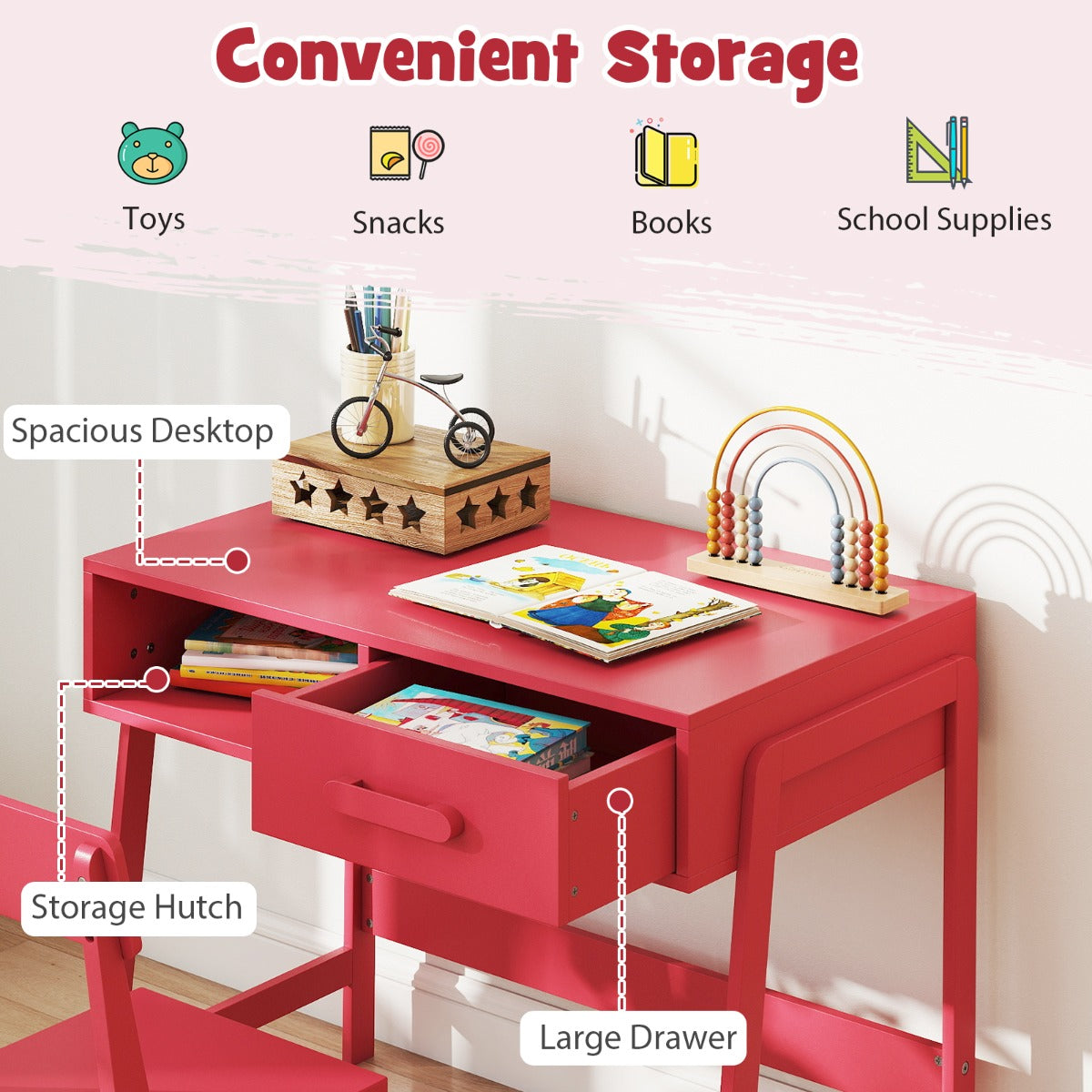 LIVSK Bureauset voor Kinderen met Stoel - Ruim Tafelblad met Lade en Plank - Ergonomische Rugleuning - Veilig Ontwerp - 85 x 48 x