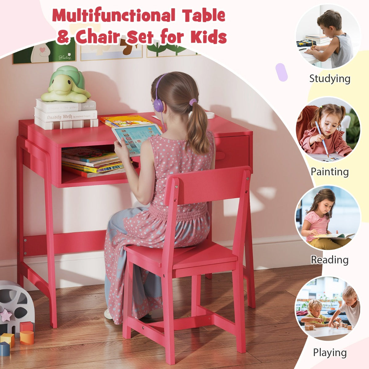 LIVSK Bureauset voor Kinderen met Stoel - Ruim Tafelblad met Lade en Plank - Ergonomische Rugleuning - Veilig Ontwerp - 85 x 48 x