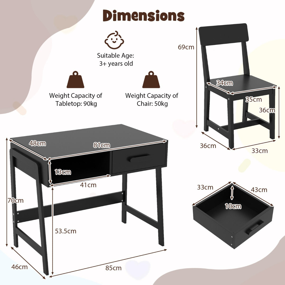 LIVSK Kinderbureau-set met Ergonomische Stoel - Ruim Bureau met Plank en Lade - Veiligheidsontwerp - Massief Hout - Zwart