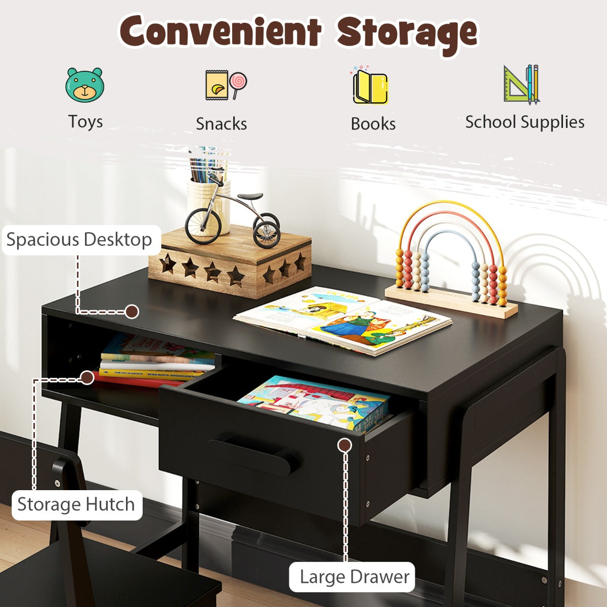 LIVSK Kinderbureau-set met Ergonomische Stoel - Ruim Bureau met Plank en Lade - Veiligheidsontwerp - Massief Hout - Zwart