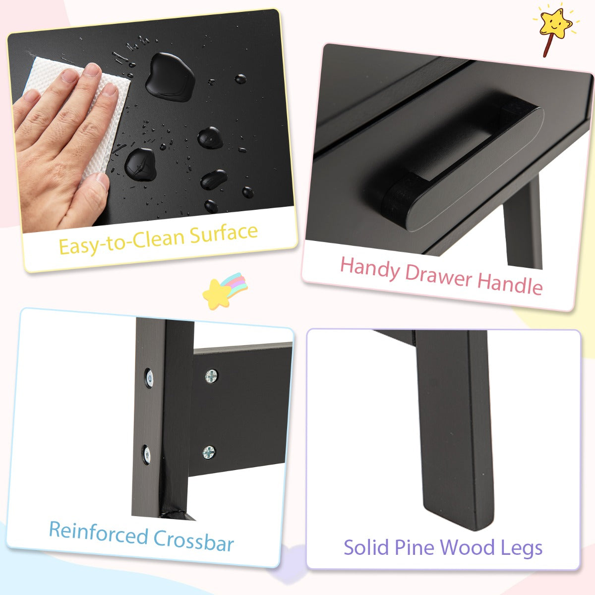 LIVSK Kinderbureau-set met Ergonomische Stoel - Ruim Bureau met Plank en Lade - Veiligheidsontwerp - Massief Hout - Zwart