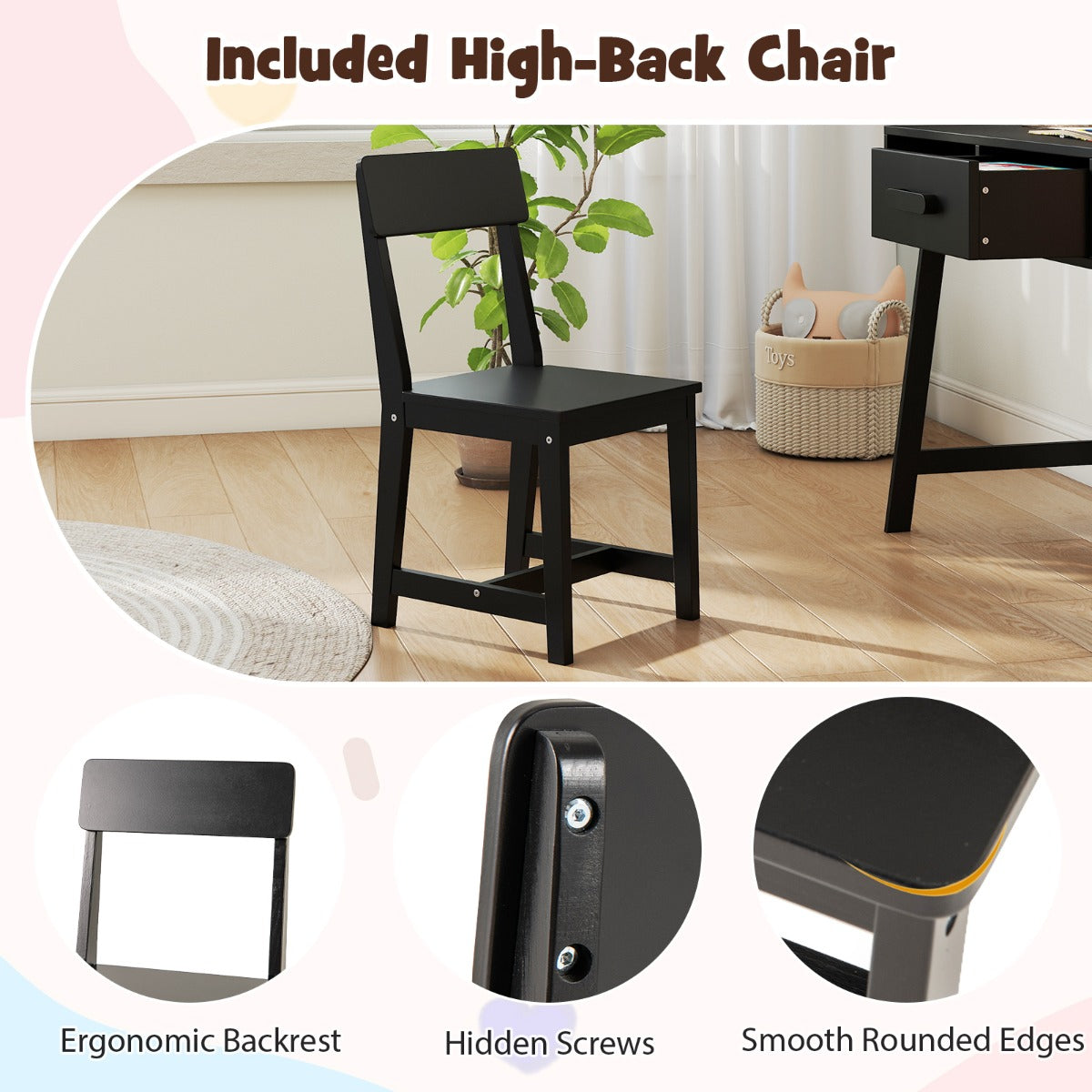 LIVSK Kinderbureau-set met Ergonomische Stoel - Ruim Bureau met Plank en Lade - Veiligheidsontwerp - Massief Hout - Zwart