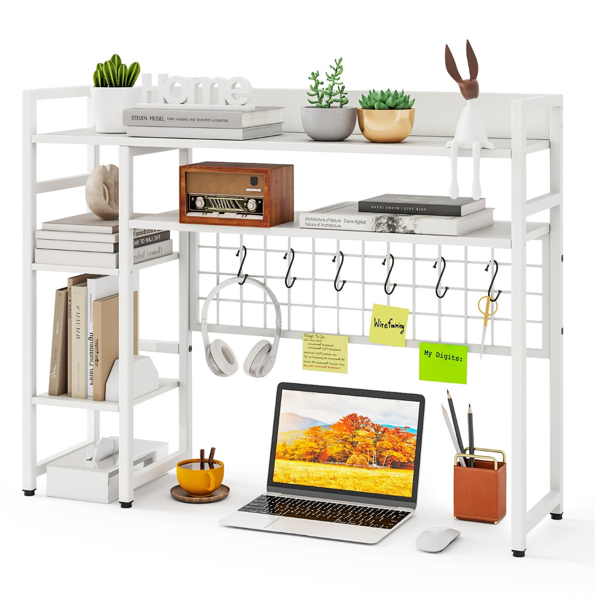 LIVSK Bureauplank-Organizer met 4 Planken en 6 Haken - Verstelbare Voetsteunen - Antislip - 94 x 25 x 74 cm - Wit
