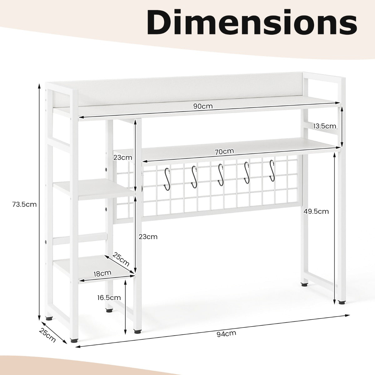 LIVSK Bureauplank-Organizer met 4 Planken en 6 Haken - Verstelbare Voetsteunen - Antislip - 94 x 25 x 74 cm - Wit