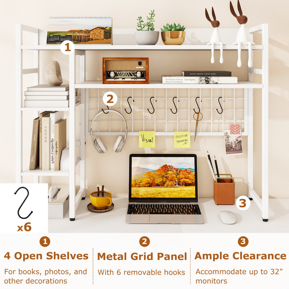 LIVSK Bureauplank-Organizer met 4 Planken en 6 Haken - Verstelbare Voetsteunen - Antislip - 94 x 25 x 74 cm - Wit