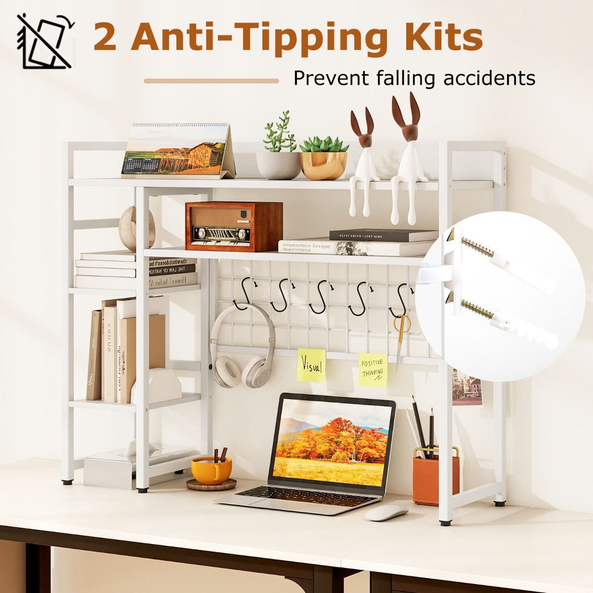 LIVSK Bureauplank-Organizer met 4 Planken en 6 Haken - Verstelbare Voetsteunen - Antislip - 94 x 25 x 74 cm - Wit