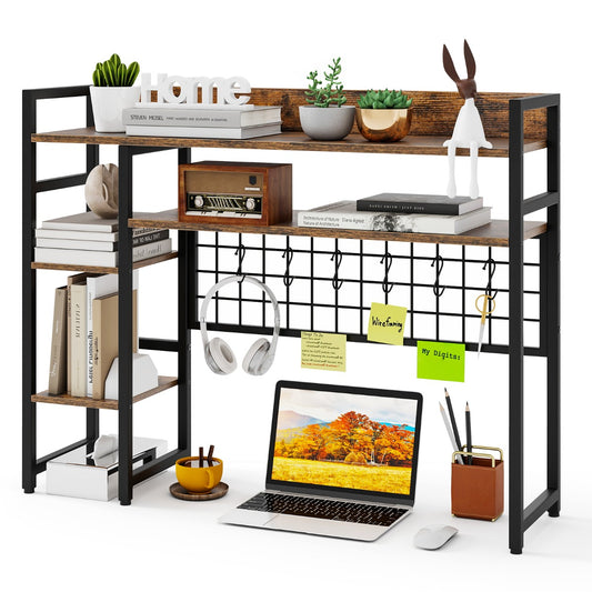 LIVSK Bureauplank-organizer met 4 Planken en 6 Haken - Metalen Rooster - Verstelbare Voetsteunen - 94 x 25 x 74 cm - Rustiek bruin