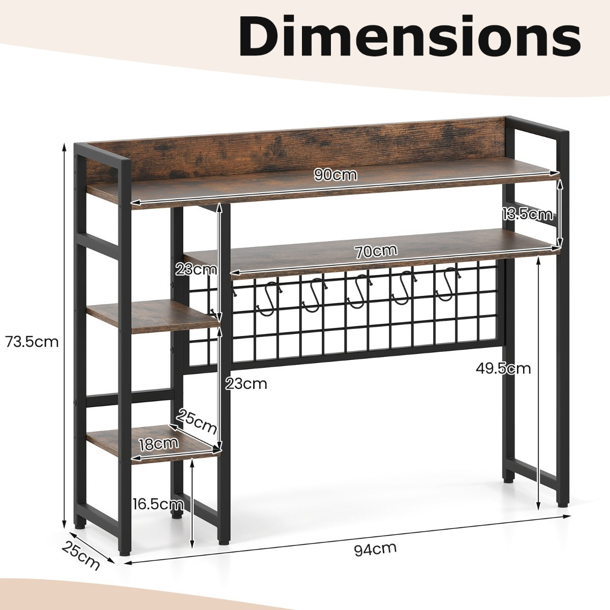 LIVSK Bureauplank-organizer met 4 Planken en 6 Haken - Metalen Rooster - Verstelbare Voetsteunen - 94 x 25 x 74 cm - Rustiek bruin