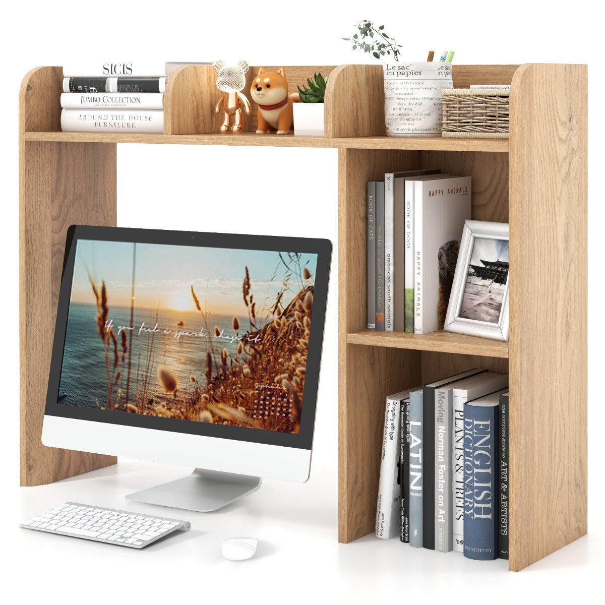LIVSK Bureaurek met 4 Planken en Open Vak - Ruimte voor Monitoren tot 27 inch - Robuuste Constructie - Tot 45 kg - Natuur