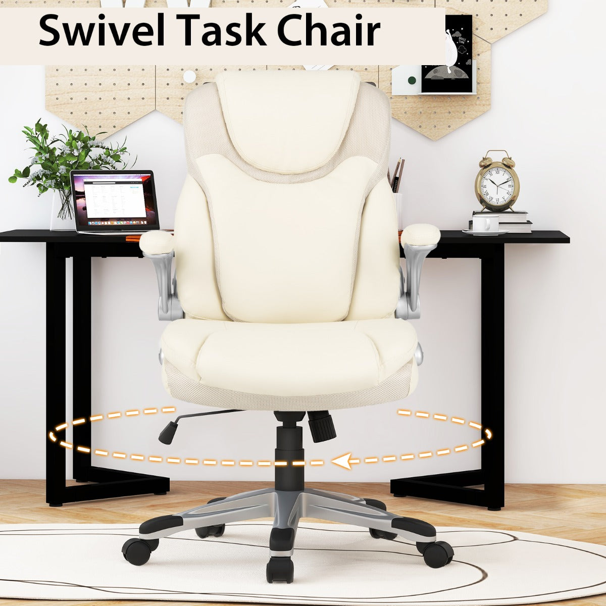 LIVSK Ergonomische Directiestoel - Verstelbaar met Kantelfunctie en Opklapbare Armleuningen - PU-leer - Tot 160 kg - Beige