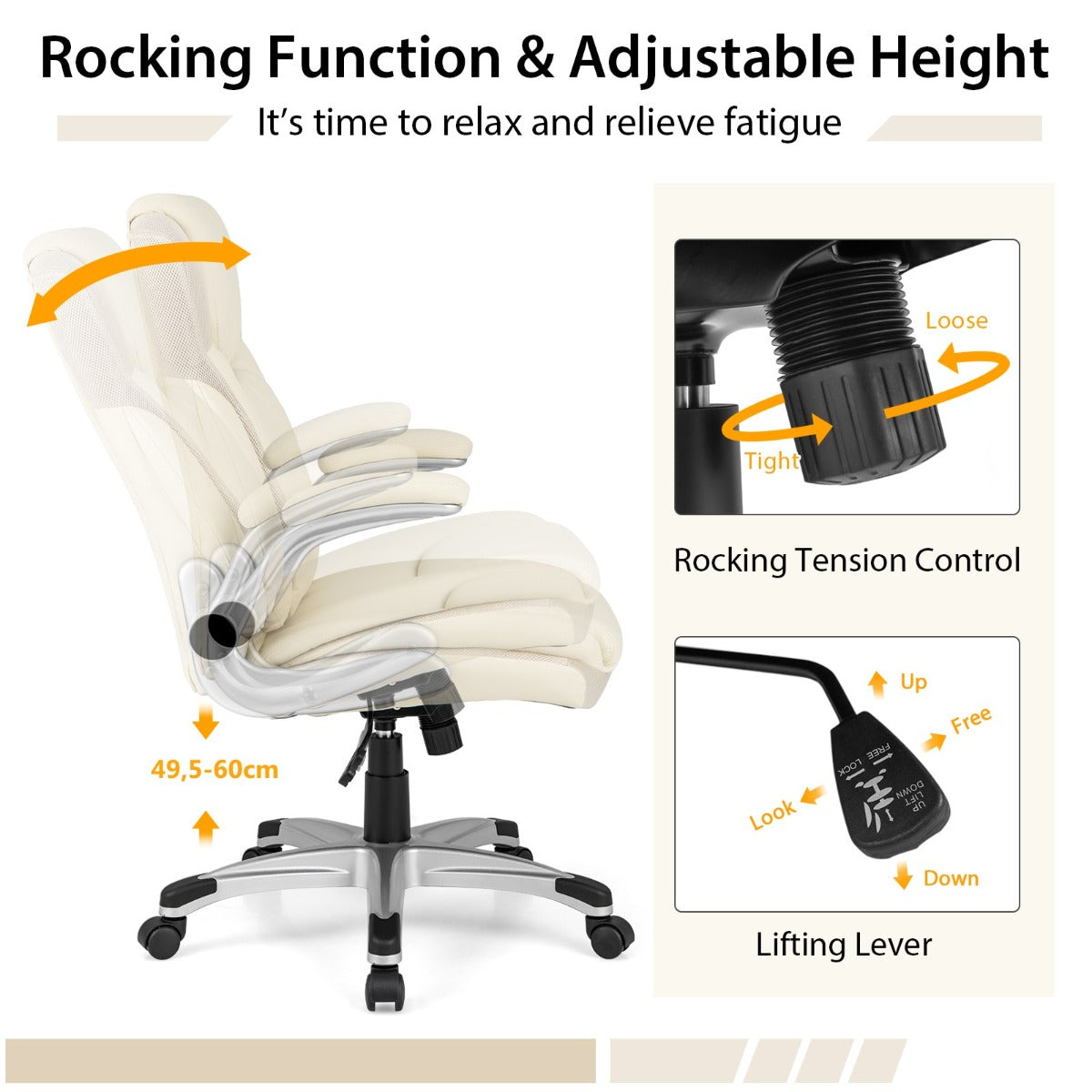 LIVSK Ergonomische Directiestoel - Verstelbaar met Kantelfunctie en Opklapbare Armleuningen - PU-leer - Tot 160 kg - Beige
