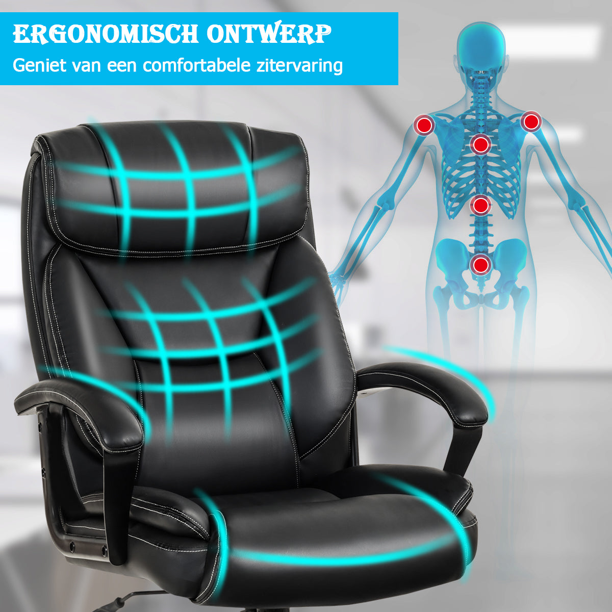 LIVSK Hoge Rugleuning Bureaustoel - Ergonomisch Ontwerp - Verstelbare Hoogte 50-60 cm - Schommelfunctie - Zwart