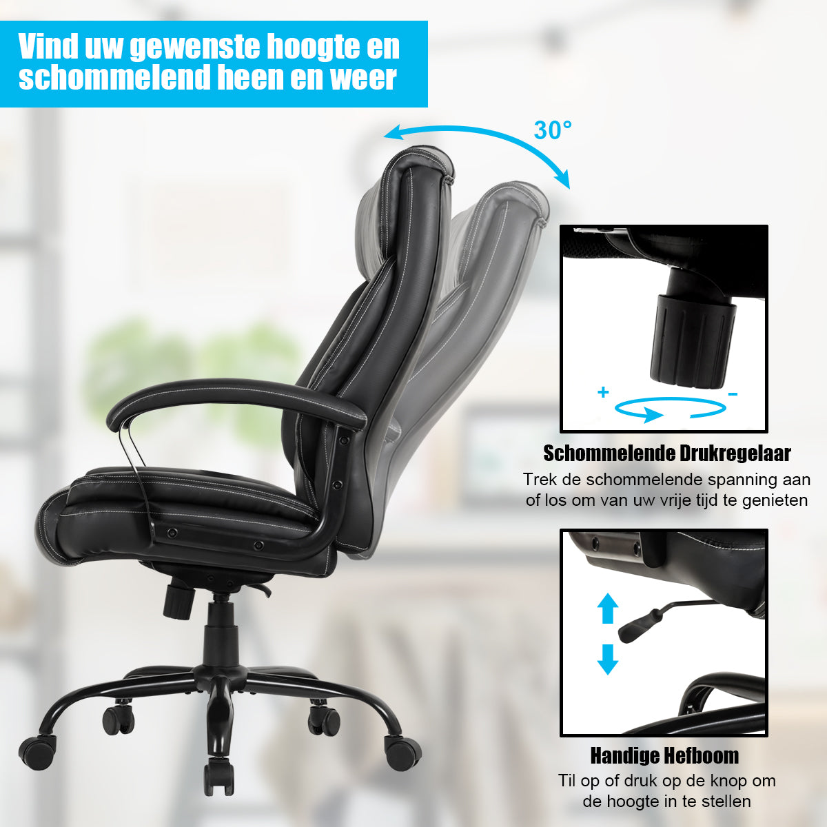 LIVSK Hoge Rugleuning Bureaustoel - Ergonomisch Ontwerp - Verstelbare Hoogte 50-60 cm - Schommelfunctie - Zwart