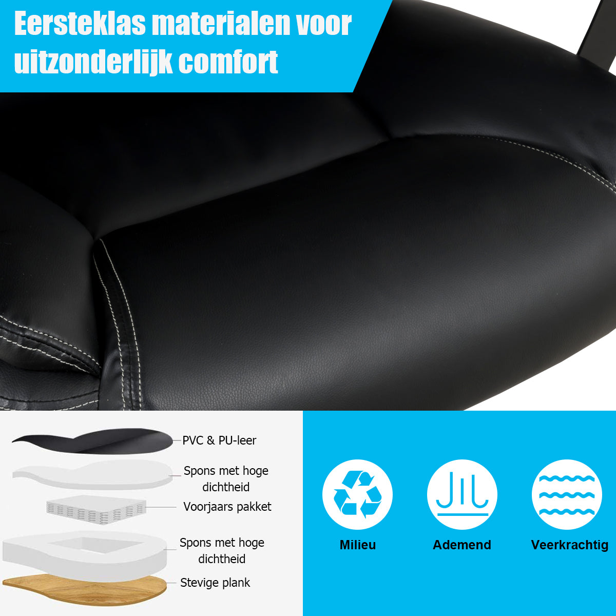 LIVSK Hoge Rugleuning Bureaustoel - Ergonomisch Ontwerp - Verstelbare Hoogte 50-60 cm - Schommelfunctie - Zwart