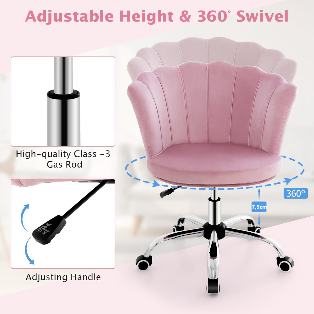 LIVSK Make-upstoel - Ergonomisch Design - Traploze Hoogteverstelling 74-82 cm - 360° Draaifunctie - Huidvriendelijk Fluweel -